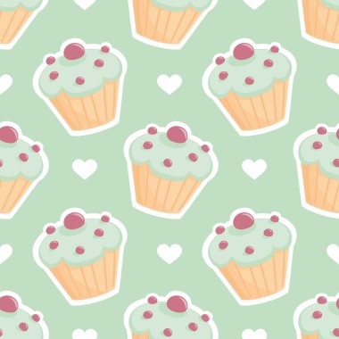 Cupcake ve kalpleri nane yeşil zemin üzerine döşeme vektör deseni
