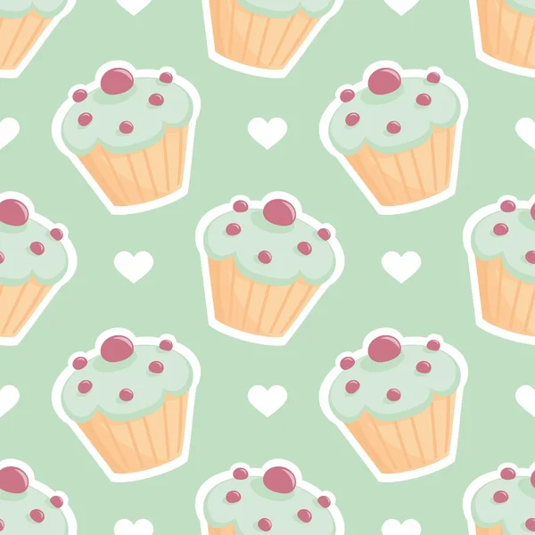 Patrón de vectores de azulejos con cupcake y corazones sobre fondo verde menta — Archivo Imágenes Vectoriales