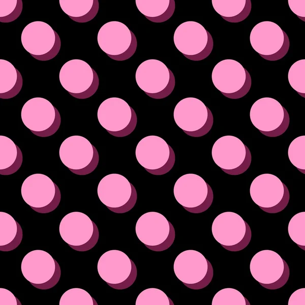 Tegel vector patroon roze polka dots op zwarte achtergrond — Stockvector