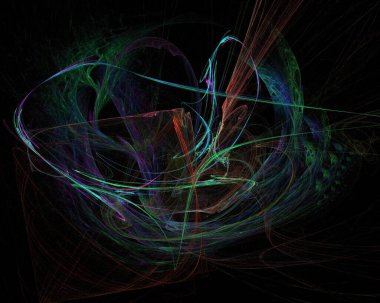 Titrek soyut fraktal tasarım, kıvrımlı ışık yolları ve siyah arka planda merkezi karanlık bir boşluk. Enerji, uzay, teknoloji ya da sürreal ışık efektini temsil eder.