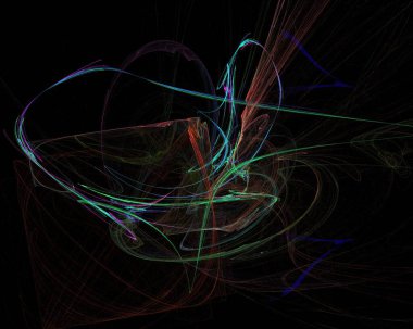 Titrek soyut fraktal tasarım, kıvrımlı ışık yolları ve siyah arka planda merkezi karanlık bir boşluk. Enerji, uzay, teknoloji ya da sürreal ışık efektini temsil eder.