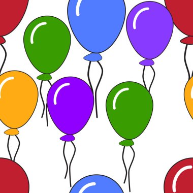 Canlı, neşeli ve turuncu, kırmızı, mavi, yeşil ve mor renkli karikatür parti balonları içeren kusursuz desenler. Özgeçmiş, davetiye, ambalaj kağıdı veya tekstil için ideal.