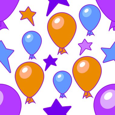 Canlı, neşeli ve turuncu, kırmızı, mavi, yeşil ve mor renkli karikatür parti balonları içeren kusursuz desenler. Özgeçmiş, davetiye, ambalaj kağıdı veya tekstil için ideal.