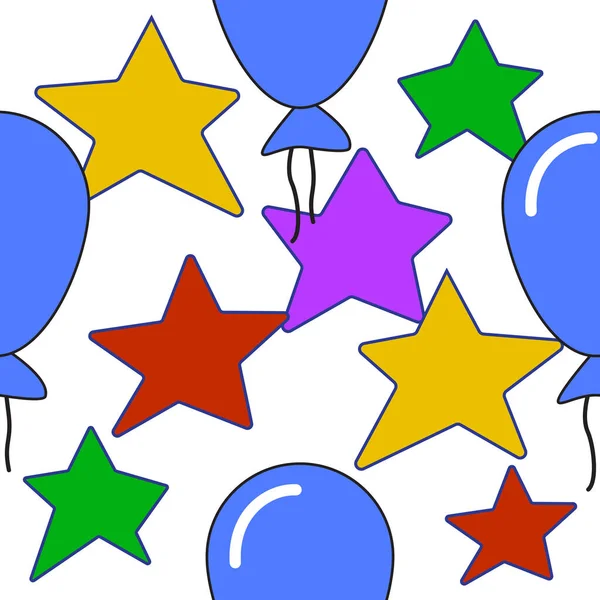 Canlı, neşeli ve turuncu, kırmızı, mavi, yeşil ve mor renkli karikatür parti balonları içeren kusursuz desenler. Özgeçmiş, davetiye, ambalaj kağıdı veya tekstil için ideal.