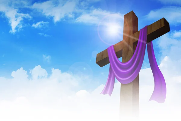 A cross with purple sash on clouds background — Stock Photo, Image