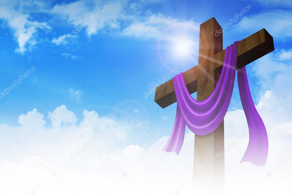 A cross with purple sash on clouds background