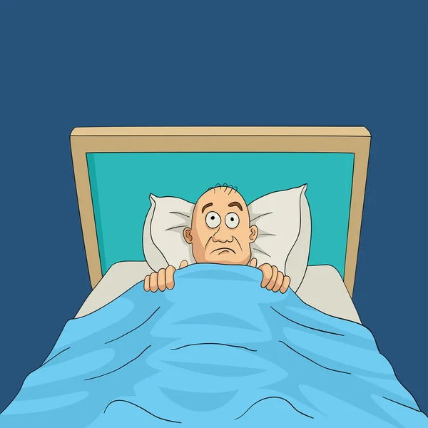 Hombre en la cama con los ojos bien abiertos dibujos animados — Vector de stock