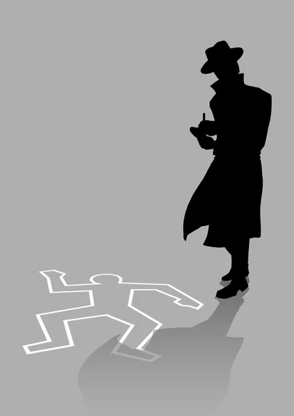 Illustrazione silhouette di un detective sulla scena del crimine — Vettoriale Stock