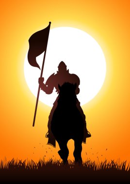 Medieval knight on horse carrying a flag vector
