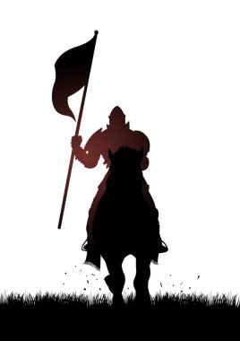 Medieval knight on horse carrying a flag vector