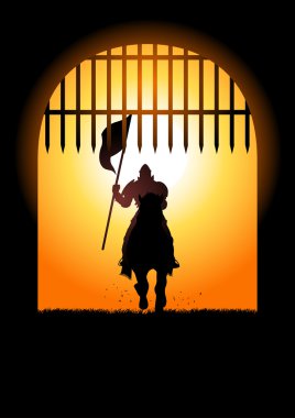 Medieval knight on horse carrying a flag vector
