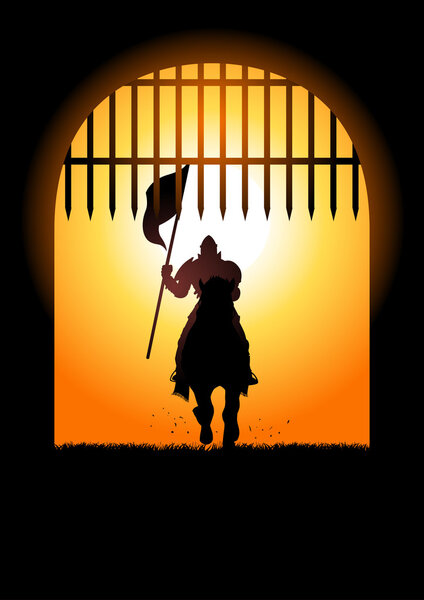 Medieval knight on horse carrying a flag