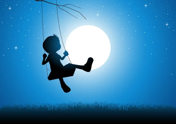 Cartoon silhouette of a boy playing on a swing — Stock Vector