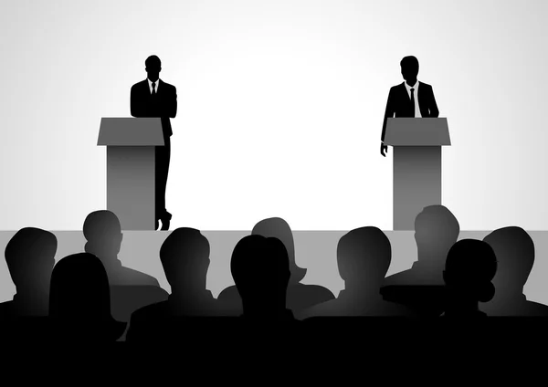 Two men figure debating on podium — Stock Vector