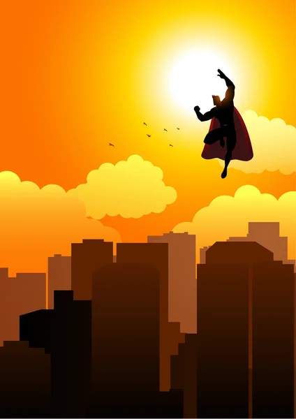 Cartoon silhouette of a superhero flying on cityscape — Stock Vector