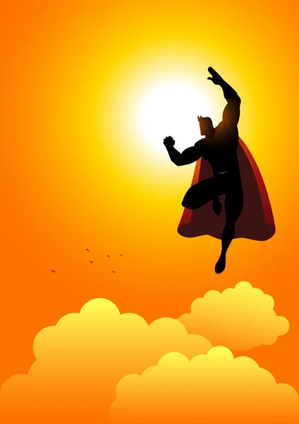 Silhouette de dessin animé d'un super héros volant au lever du soleil — Image vectorielle