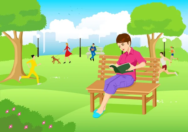 Mujer leyendo un libro en el parque — Vector de stock