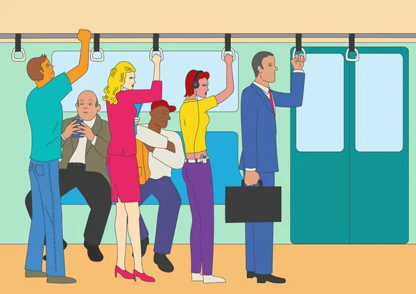 Gente de pie y sentada en el tren — Vector de stock