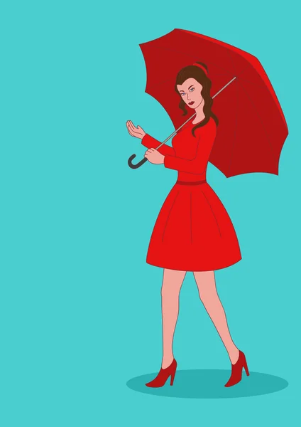 Jolie fille en robe rouge avec parapluie — Image vectorielle