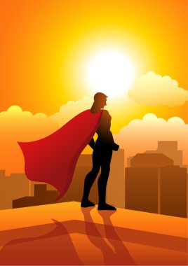 Süper kahraman ayakta bir binanın kenarına
