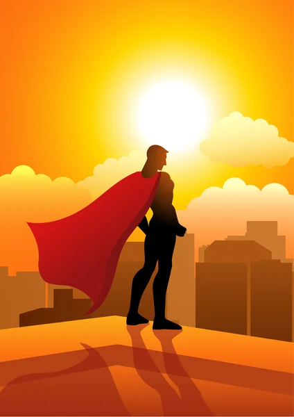 Superhero standing on the edge of a building — Stock Vector