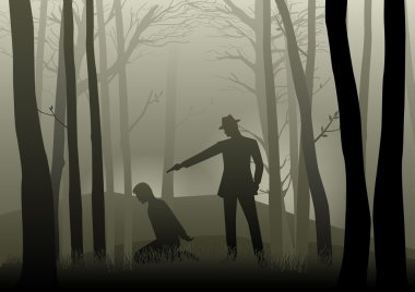 Bir adam diz çökmüş adamın kafasına bir silah nişan siluet çizimi