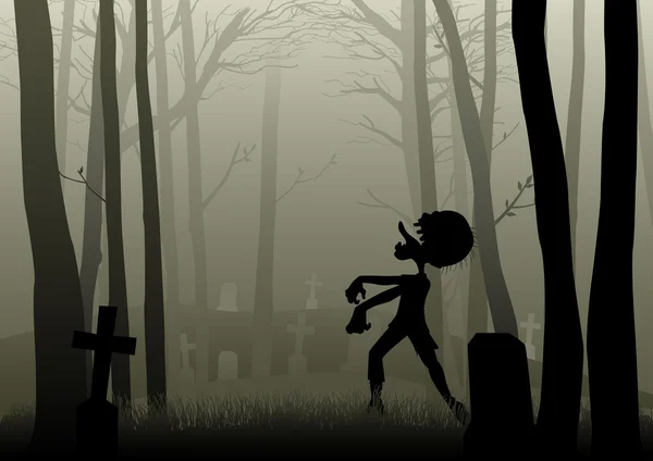 Zombie caminando en el cementerio en bosques oscuros — Vector de stock