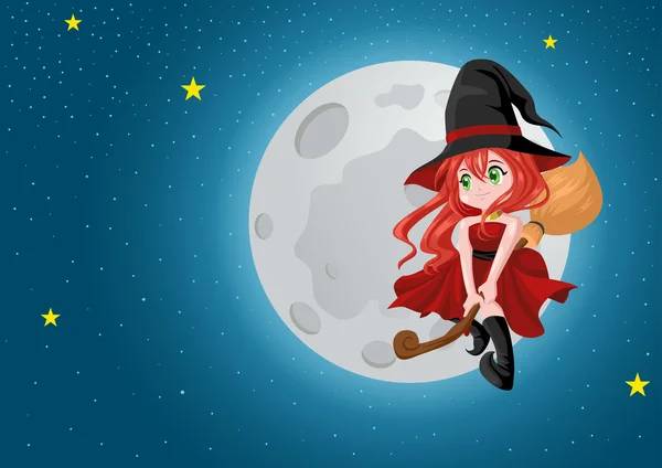 かわいい漫画の魔女が満月の間に彼女のほうきで飛んでいます。 — ストックベクタ