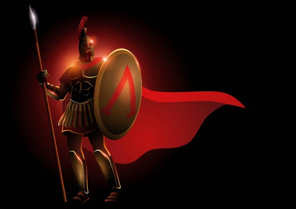 头戴头盔和红色斗篷的斯巴达战士的矢量图解 Leonidas幻想图解 — 图库矢量图片