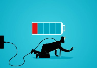 Business illustration of a businessman crawling on the floor with low battery indicator. Tired, low energy, weak concept