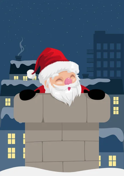 Lustige Weihnachts Karikatur Vom Weihnachtsmann Kommt Aus Dem Schornstein — Stockvektor