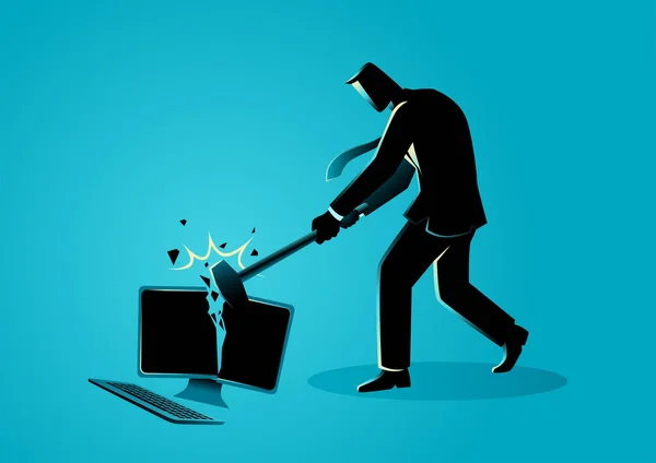 Businessman Destroying Desktop Computer Sledge Hammer Vector Illustration — Stockový vektor