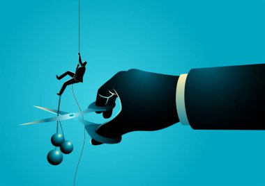 Bir iş adamının ipe tırmanma konsepti gösterilirken, bir yandan da makasla dev bir el dolar sembolüyle yükünü kesiyor. Kayıpları kes