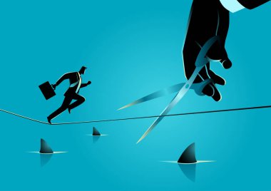 Köpekbalıklarıyla dolu bir denizin üzerinde halatla koşan bir iş adamı tasviri, bu arada makasla dev bir el ipi kesiyor.