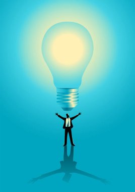Üzerinde dev bir ampul olan bir iş adamının iş konsepti çizimi, büyük fikirler yenilik kavramı