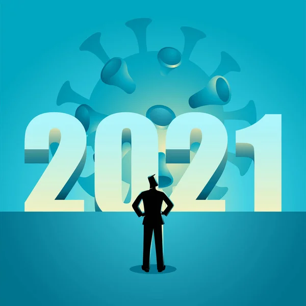 Vector Illustration Man Standing Front Year 2021 Virus Lurking — Stock Vector