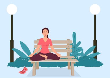 Parktaki bankta yoga yapan bir kadının basit düz vektör çizimi.