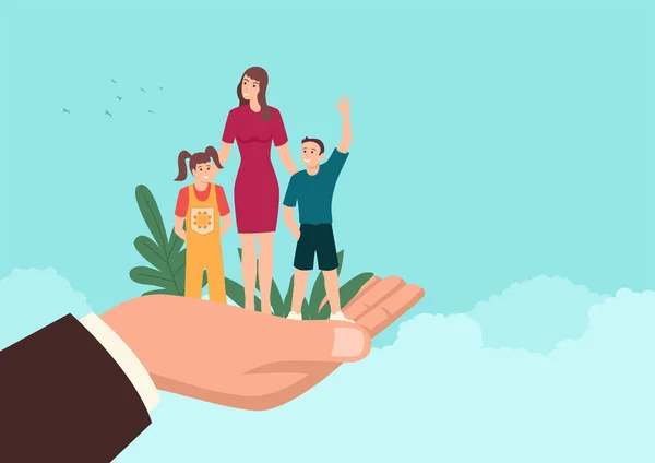 Simple Flat Vector Illustration Man Hand Holding Mother Her Children — Stock Vector