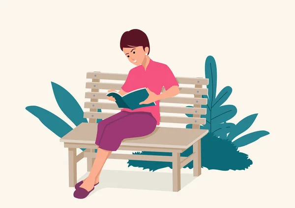 Kitap Okurken Ahşap Bir Bankta Oturan Bir Kadının Basit Düz — Stok Vektör