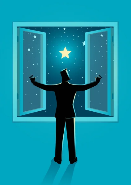Illustration Vectorielle Homme Ouvrant Fenêtre Pour Voir Ciel Étoilé Clair — Image vectorielle