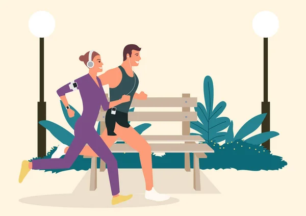 Illustration Vectorielle Plate Simple Jogging Couple Course Plein Air Dans — Image vectorielle