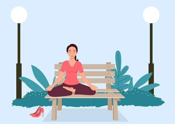 在公园的长椅上做瑜伽的女人的简单平面矢量图 — 图库矢量图片