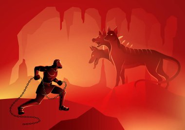 Yunan tanrı ve tanrıça illüstrasyon serisi, Herkül 'ün on iki görevinin on ikinci ya da son örneği, üç başlı köpek Cerberus' u Yeraltı Dünyası 'nın kapılarının koruyucusu olarak yakalamak.