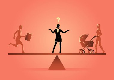 Business concept illustration of a business woman standing on a scale, choosing career or family clipart