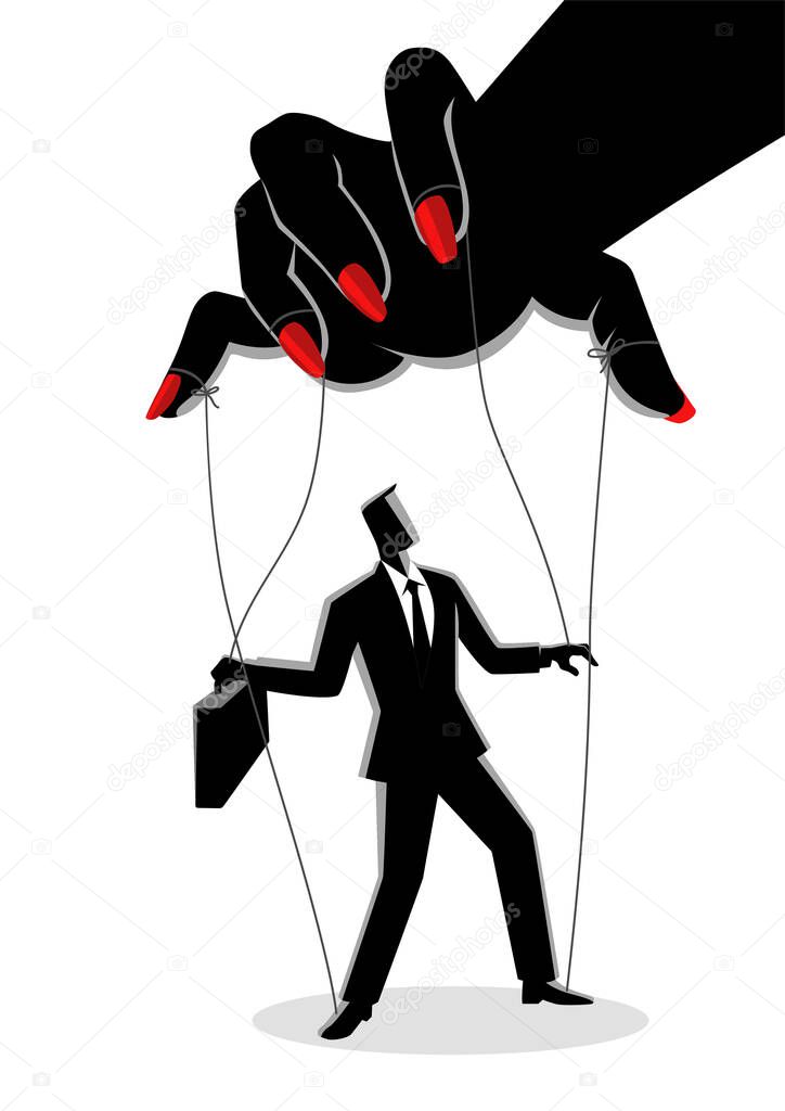 Vector illustration of a businessman being control by a woman puppeteer