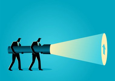 İş konsepti illüstrasyonunda elinde ok işaretini ortaya çıkaran dev bir el feneri tutan işadamları görülüyor..