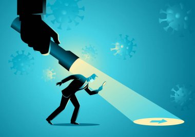 İş konsepti illüstrasyonunda, bir iş adamının el feneri tutarak salgın sırasında ok işaretini açtığı görülüyor.