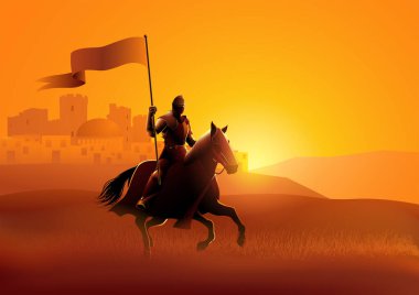 Vector silhouette of a medieval knight on horse carrying a flag on dramatic scene vector