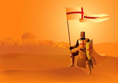 Vector illustration of Templar Knight holding a flag and shield clipart