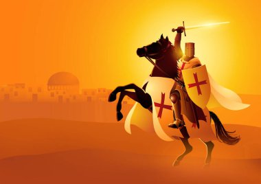 Vector illustration of Templar Knight holding a sword and shield on a horse clipart